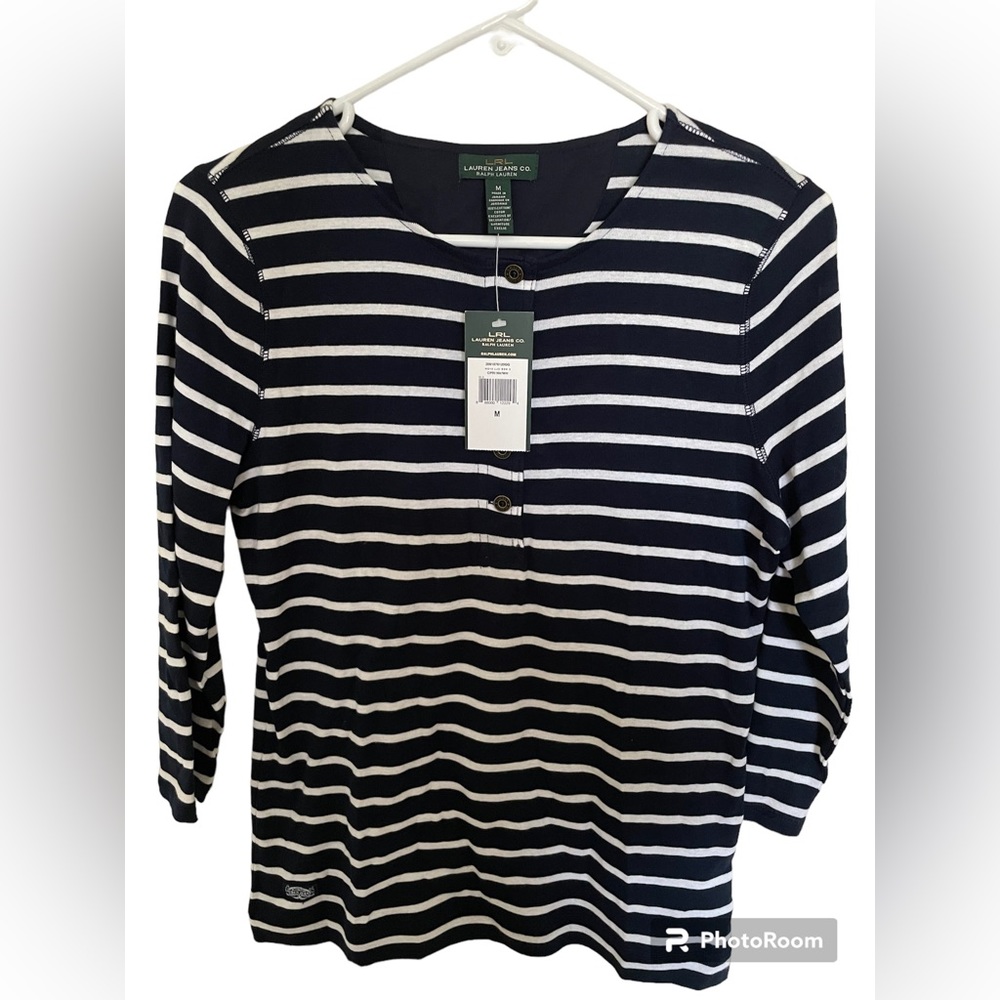 Ralph Lauren Medium Navy and White Striped 3/4 Sleeve Shirt NWT